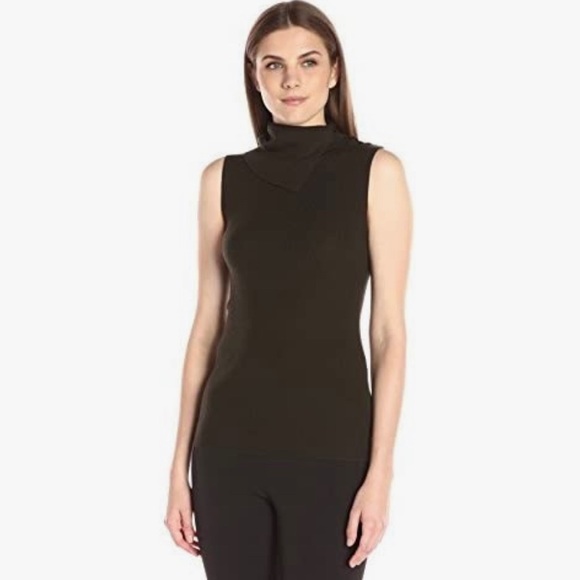 Theory Leendelle Refine Ribbed-Knit Funnel-Neck Black Sleeveless Marino Wool Top - Picture 1 of 9